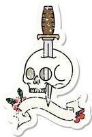 grunge sticker with banner of a skull and dagger vector