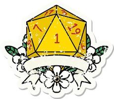 natural one d20 dice roll grunge sticker vector