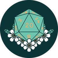 natural 20 D20 dice roll with floral elements icon vector