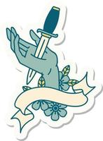 tattoo sticker with banner of a dagger in the hand vector