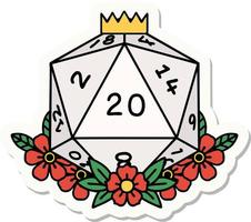 natural 20 D20 dice roll with floral elements sticker vector