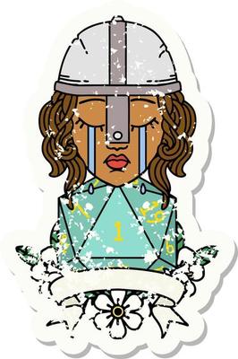 crying human fighter with natural one D20 dice illustration