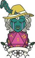 personaje de bardo orco llorando con una ilustración de rollo natural d20 vector