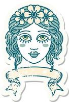 grunge sticker with banner of female face with crown of flowers vector