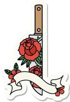 tattoo sticker with banner of a dagger and flowers vector