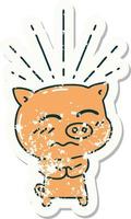 grunge sticker of tattoo style nervous pig character vector