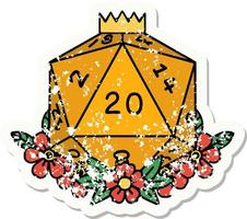 natural 20 D20 dice roll with floral elements grunge sticker