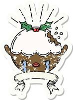 grunge sticker of tattoo style christmas pudding character crying vector