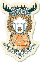 crying human druid with natural one D20 roll grunge sticker vector