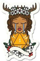 crying human druid with D20 natural one roll sticker vector