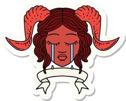 crying tiefling character face with scroll banner sticker vector