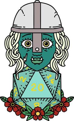 half orc fighter character with natural twenty dice roll illustration