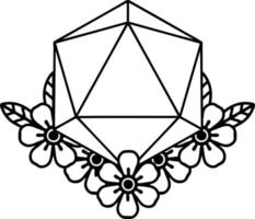 natural 20 D20 dice roll with floral elements illustration vector