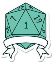 natural one d20 dice roll sticker vector