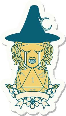 crying half orc witch character with natural one roll sticker