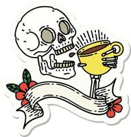 tattoo sticker with banner of a skull drinking coffee vector