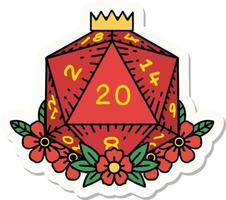 natural 20 D20 dice roll with floral elements sticker vector