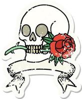 pegatina grunge con una pancarta de una calavera y una rosa vector