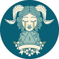 crying tiefling with natural one D20 dice roll illustration vector
