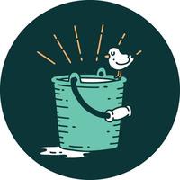 icon of tattoo style bird perched on bucket of water vector