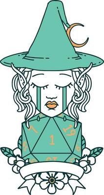 crying elf mage character with natural one dice roll illustration