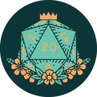 natural 20 D20 dice roll with floral elements icon vector