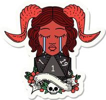 crying tiefling with natural one D20 dice roll sticker vector