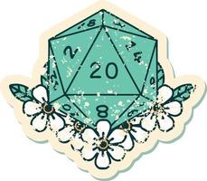 natural 20 D20 dice roll with floral elements illustration vector