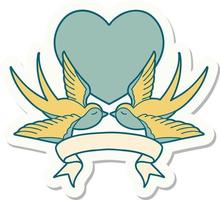 tattoo sticker with banner of a swallows and a heart vector