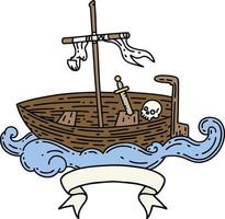 banner with tattoo style empty boat with skull vector
