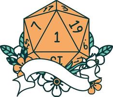 natural one d20 dice roll illustration vector