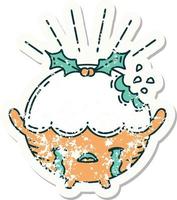 grunge sticker of tattoo style christmas pudding character crying vector