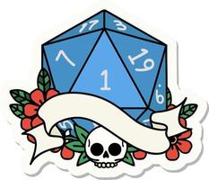 natural one d20 dice roll sticker vector