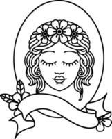 black linework tattoo with banner of a maiden with eyes closed vector