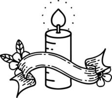 black linework tattoo with banner of a candle vector