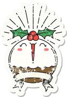 grunge sticker of tattoo style singing christmas pudding vector