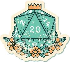 natural 20 D20 dice roll with floral elements grunge sticker vector