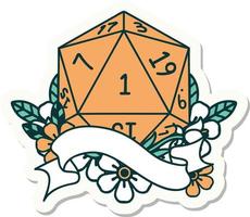 natural one d20 dice roll sticker vector