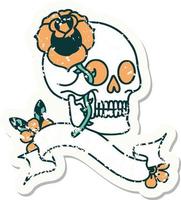 grunge sticker with banner of a skull and rose vector