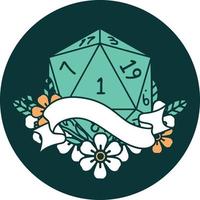 natural one d20 dice roll icon vector