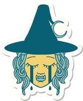 crying half orc witch character face sticker vector