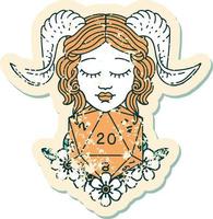 tiefling with natural 20 D20 dice roll grunge sticker vector