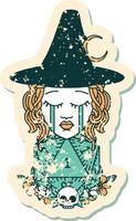 crying human witch with natural one D20 dice roll grunge sticker vector