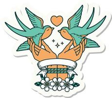 tattoo sticker with banner of a tied hands and swallows vector