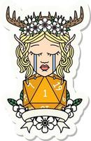 sad elf druid character face with natural one D20 roll sticker vector