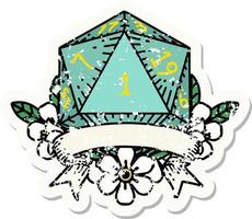 natural one d20 dice roll grunge sticker vector