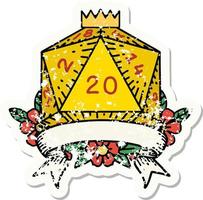 natural 20 critical hit D20 dice roll grunge sticker vector