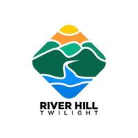logotipo de río y colina. el río fluye bajo la colina al atardecer. ilustración vectorial de río, colinas y puesta de sol vector