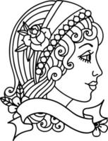 black linework tattoo with banner of a gypsy head vector