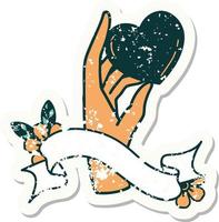 grunge sticker with banner of a hand holding a heart vector